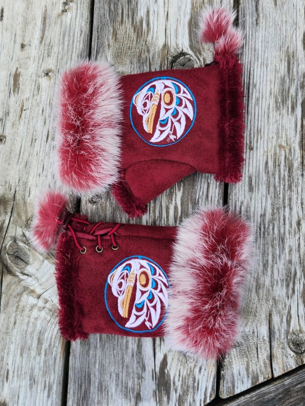 BEAUTIFUL Mitten Cuffs Round Raven Embroidered Design RABBIT FUR